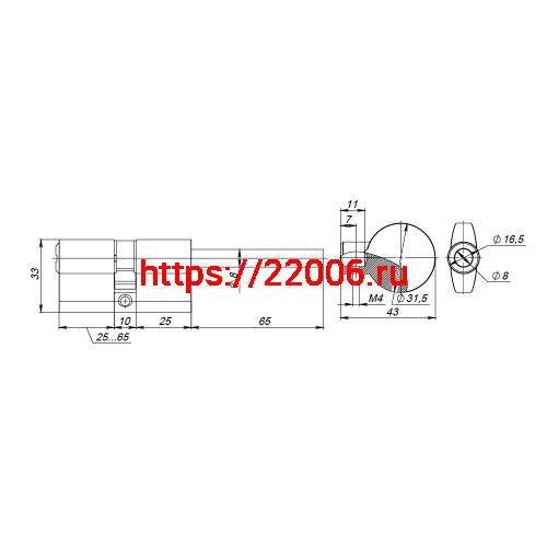 Цилиндровый Fuaro (Фуаро) механизм (D-PRO507-8/95) D-PRO5007-8Tang95(60+10+25) CP хром 5+1Key со штоком перекод. фото 3